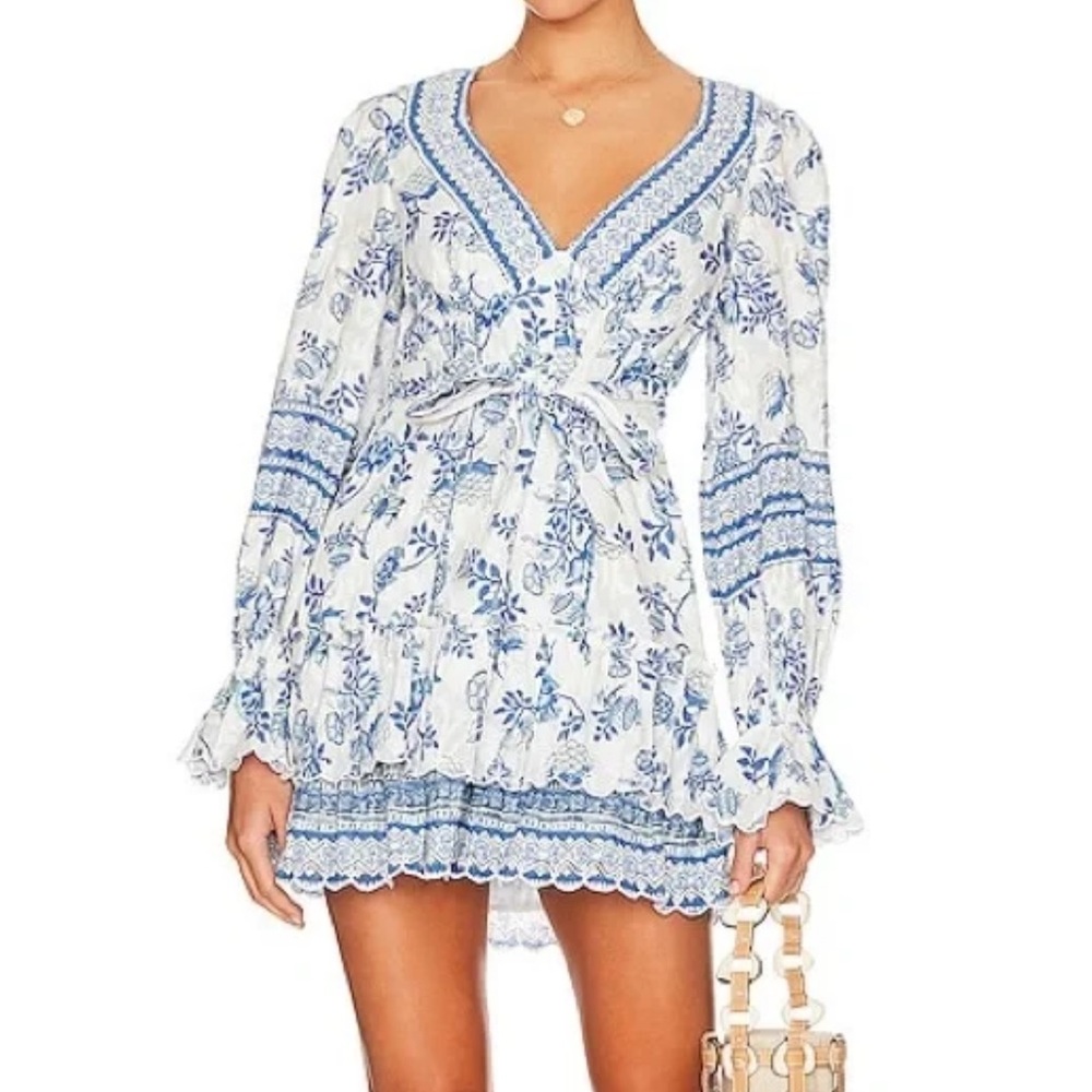 Hemant and Nandita Mala Short Tie Up Mini Dress Cobalt White Floral XXS NWT